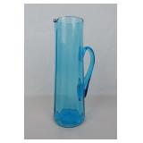 Vtg Hand-Blown Turquoise Tall Glass Pitcher