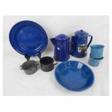 Lot Blue Enameled Steel Percolators Plates Cups