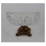 Vtg Hand Cut Crystal Compote Bowl Bronze Pedestal