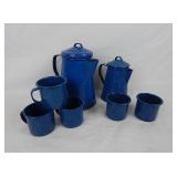 Lot Blue Enameled Steel Percolators & Cups