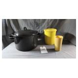 Vtg Black Enamel Speckled Stock Pot & Tupperware