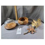 Pottery Bowl, Copper/Tin Butterfly Wall Hangers &