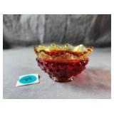 Fenton Red & amber hobnail candy dish 2' T