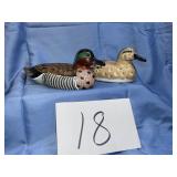 2 hand carved and painted wooden ducks signed