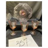 Vtg. Pink depression, cake plate, and swirl wine