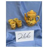 Vtg ceramic teapot style juicer, and cups