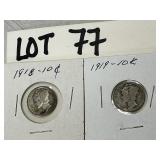 1918 and 1919 Mercury dimes