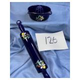 Vtg. Blue Blossom juice, creamer, and rolling pin