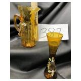 MCM  Amber glass  pitcher / gold trim