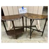 2 Vtg. Scalloped edge three legged side table.