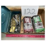 Handyman box lot, steel wool, wrenches, hinges,