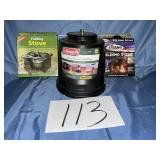 Coleman, propane lantern and folding camp stoves