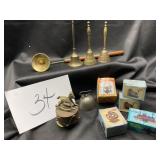 Lot of brass bells, music box, candle, snuffer,