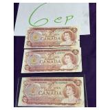 Vintage Canadian two dollar bills