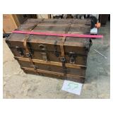 Old slat sided leather handled trunk