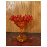 FENTON AMBERINA CABBAGE ROSE COMPOTE