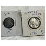 1841Seated liberty, dime and quality, buffalo