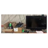 BOX OF ASSORTED OFFICE EQUIPMENT  VIZIO TV