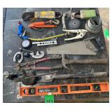 Assorted Hand Tools, Level, Oil Can, Hammer, ...