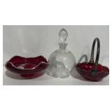 Ruby and Skiver Basket Etched Glass Decanter