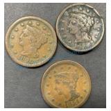 Three Large Cent Coins (1848, 1854)