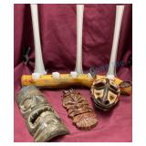 Carved Masks and Decor Set with Candle Holder