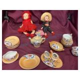 Child's Dish Set and Two Vintage Dolls