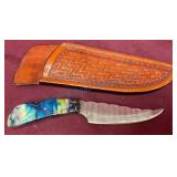 Damascus Steel Knife and Sheath by Rex Marshall
