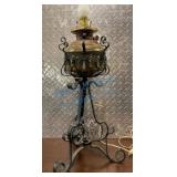 Brass Oil Lamp on Wrought Iron Stand electrified