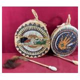 Handpainted Sioux Indian Drums with Strikers