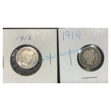 1913 and 1914 Barber Dimes in Holders