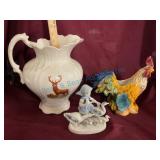 Porcelain Pitcher, Figurine, and Rooster Vase