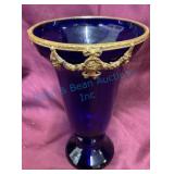 Austrian Cobalt Blue Vase with Gold tone Trim
