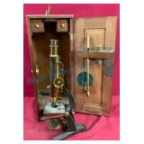 Antique Brass Microscope With Dovetail Box