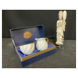 Carved Figurine in Ivory or Bone and China pieces