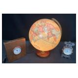 Illuminated Globe And Two Decorative Clocks
