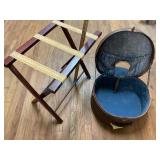 Suitcase Stand and vintage hand mirror and hat box