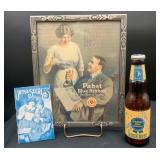 Pabst Blue Ribbon Framed Ad and Bock Bottle
