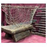 Wood Stool, Wire Basket, and Abacus Set