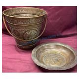 Engraved Brass Bucket and Bowl Set