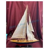 Wooden Sailboat Model on Display Base