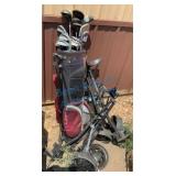 Golf Bag with Clubs and Push Cart