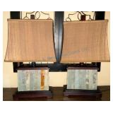 Pair of Slate and Wood Lamps with Shades