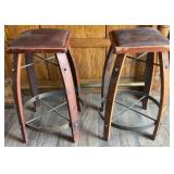 Rustic Leather Seat Oak Barrel Stave Barstools