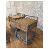 Pair of wicker top metal tables