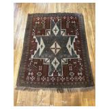 Burgundy, grey and tan rug