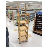Wooden rolling display rack with shelves