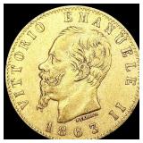 1863 Italy .1867oz Gold 20 Lire NEARLY