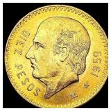 1959 Mexico .2411oz Gold 10 Pesos GEM BU