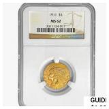 1911 $5 Gold Half Eagle NGC MS62